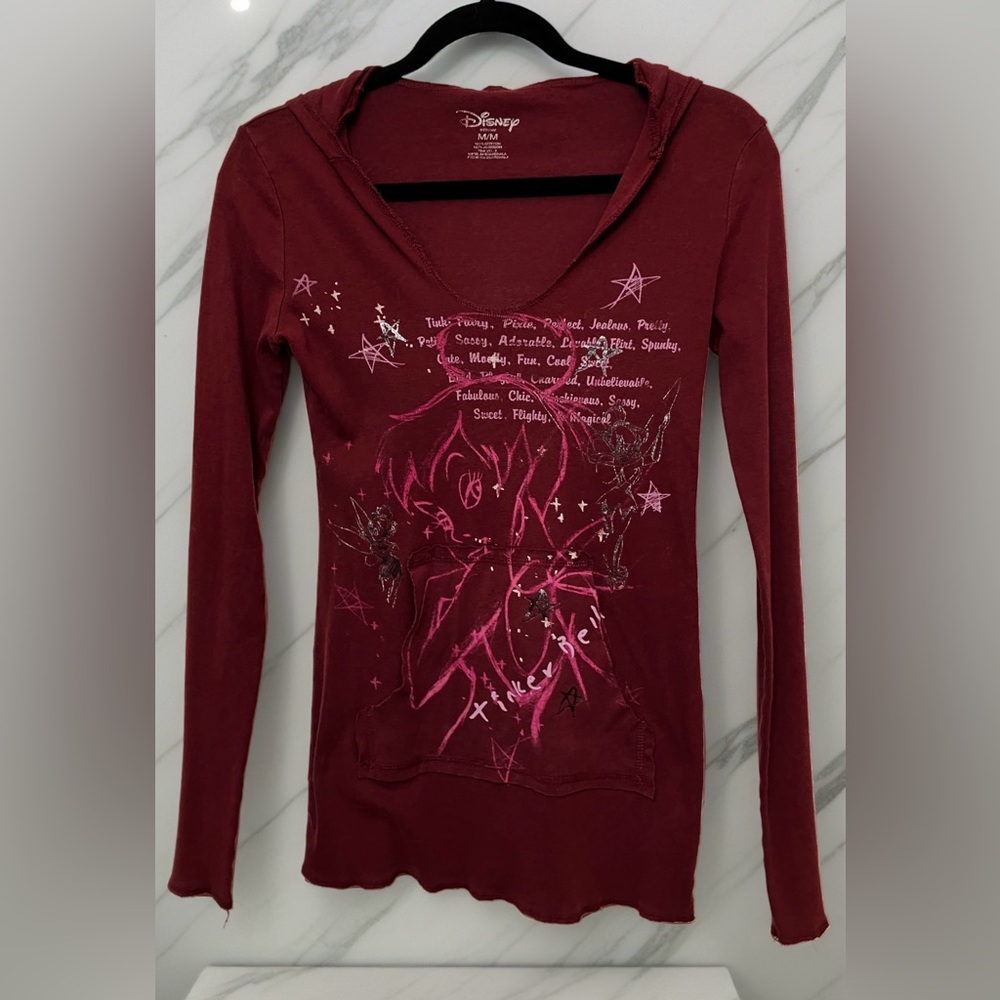 Disney-Tinker Bell Long Sleeve V Neck Fitted Hoodie With Kangaroo Pocket Sz MED